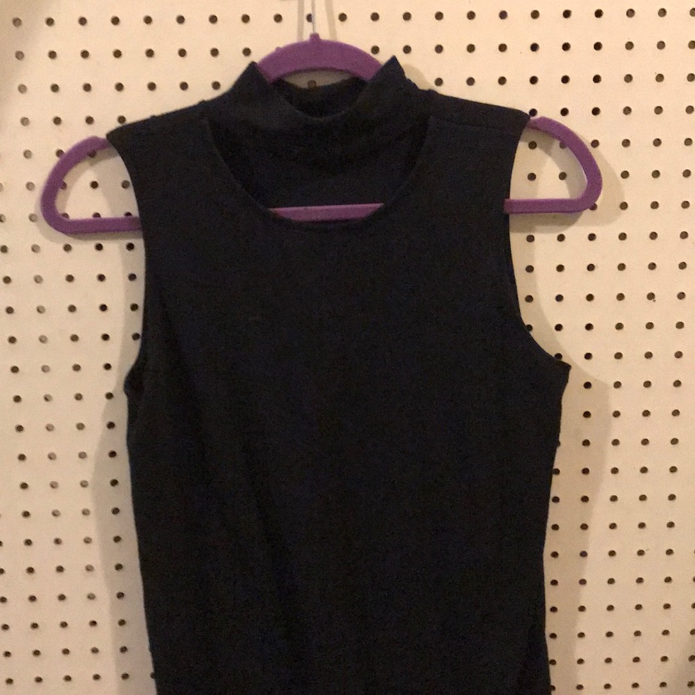 Black rayon polyester tank with choker neck